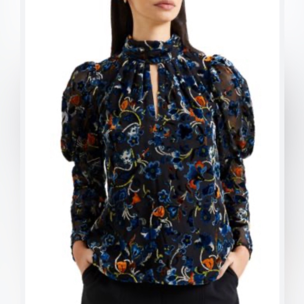 French Connection Top Blouse Women Sz S Long Sleeve Burnout Velvet Y2K Whimsical